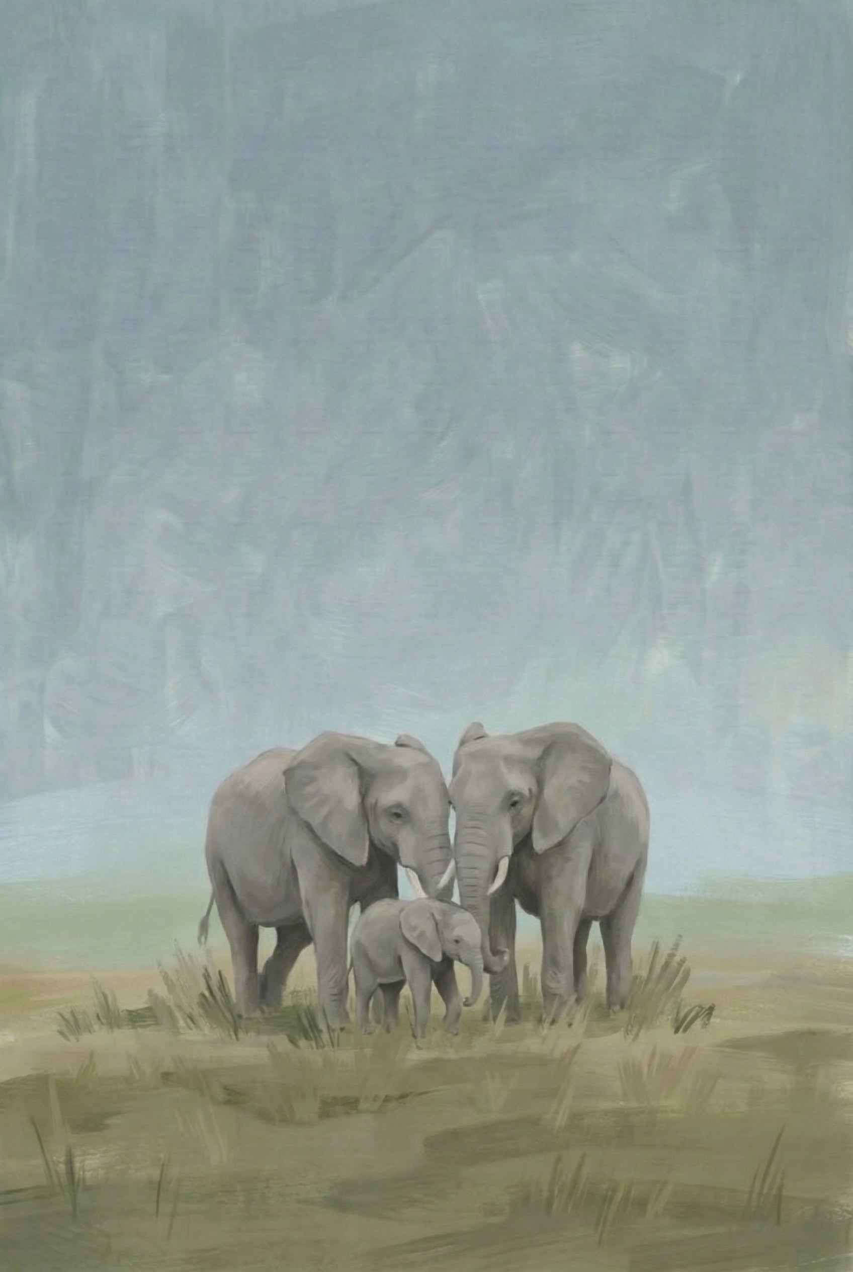 Elephant Family Soft Muted Tones Wall Art - Gentle Savanna Giants