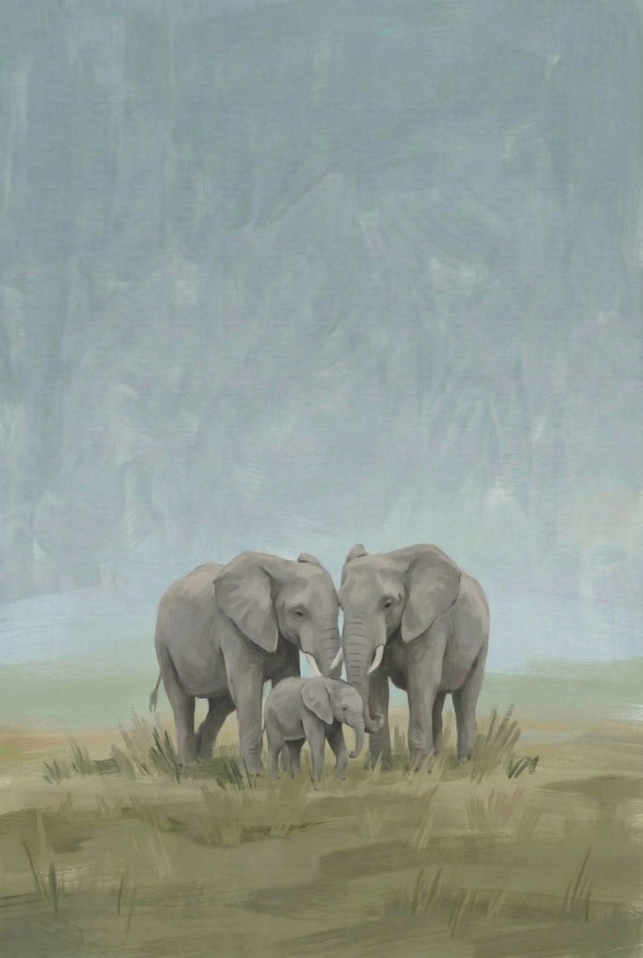 Two adult elephants stand protectively on either side of a baby elephant in a grassy clearing. Their trunks nearly touch, suggesting a bond of affection and care.
