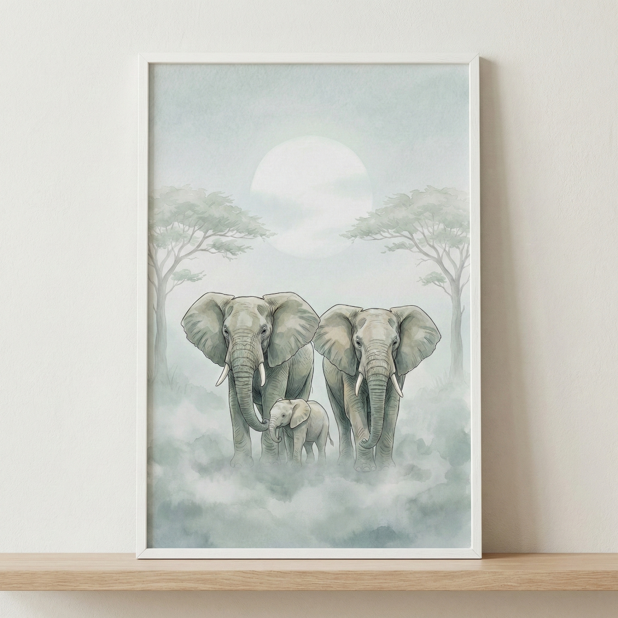 A white-framed watercolor-style illustration of an elephant family—two large adults and one small calf—walking through a soft, misty landscape. Stylized trees and a large, pale sun are visible in the background, all rendered in muted tones of grey and sage green. The framed artwork is displayed on a light wooden shelf against a plain, off-white wall.