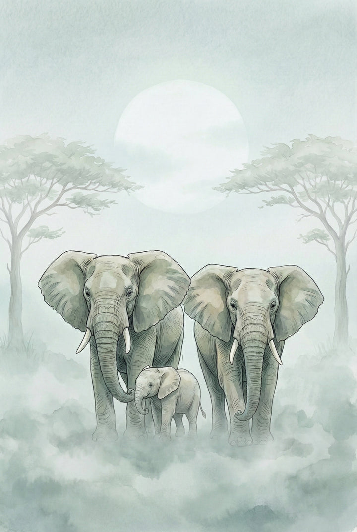 Gentle watercolor of a small elephant family walking through dense fog, flanked by light acacia trees under a pale, glowing sun. The scene is calm and quiet with minimal color.

