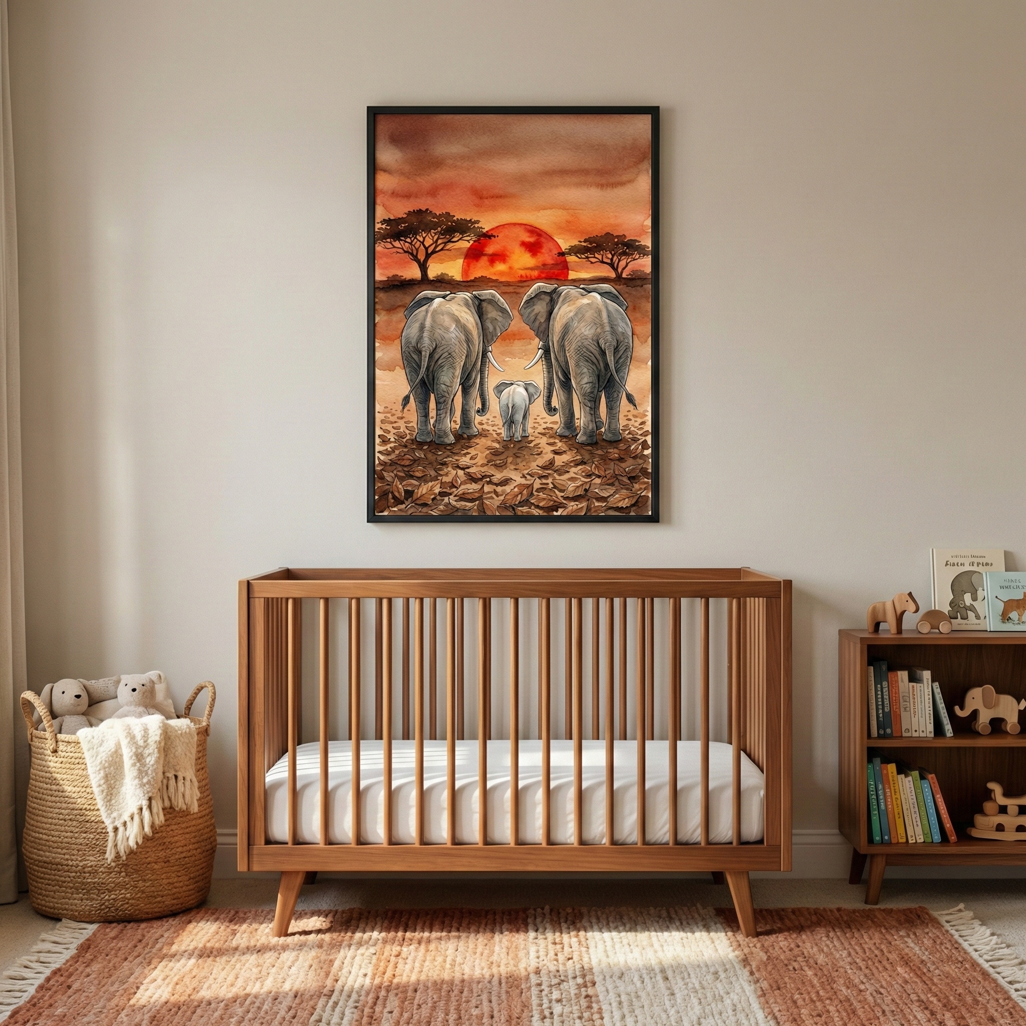 A neutral-toned nursery features a natural wood crib as the center focus. Above the crib hangs a large framed illustration of two adult elephants and a baby elephant walking across a savanna toward a vibrant red sun setting behind a few distant trees. To the left of the crib, a woven wicker basket is filled with soft plush toys and a cream-colored knit blanket. To the right, a small wooden bookshelf holds various books and wooden animal figurines. 
