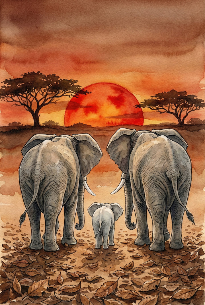 Watercolor of two adult elephants and a calf walking away toward a vivid red-orange sunset. Dry leaves cover the ground and silhouetted trees frame the sky.

