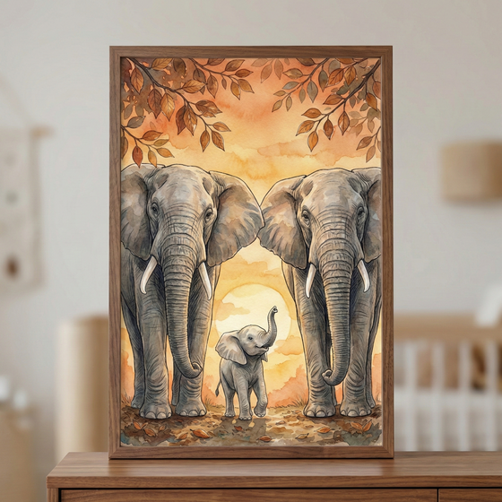A framed watercolor-style illustration depicts a family of three elephants: two large adults standing protectively on either side of a small calf. The artwork is set against a warm, glowing sunset with a large circular sun in the center. Brown and orange autumn leaves hang from branches at the top of the scene, and a few are scattered on the ground below. The framed artwork is displayed on a wooden surface in a soft-focus indoor setting.