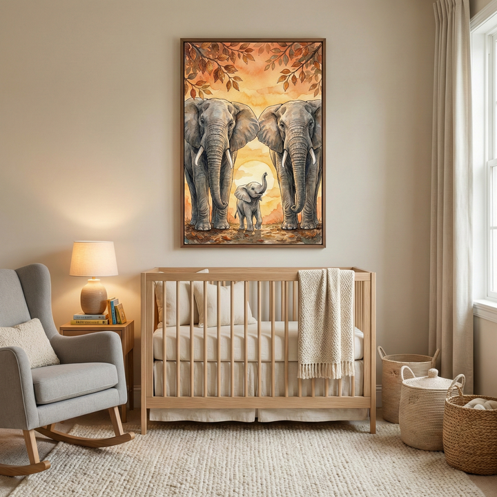 A nursery decorated in warm, neutral tones features a large, vertical framed artwork centered on the wall. The art depicts a family of elephants—two large adults and a small calf—in a landscape with a glowing sun and golden leaves. Beneath the art, a light-colored wooden crib is dressed in off-white bedding and a knit blanket. To the left, a grey rocking chair with a small pillow is placed on a large, textured, cream-colored rug. 