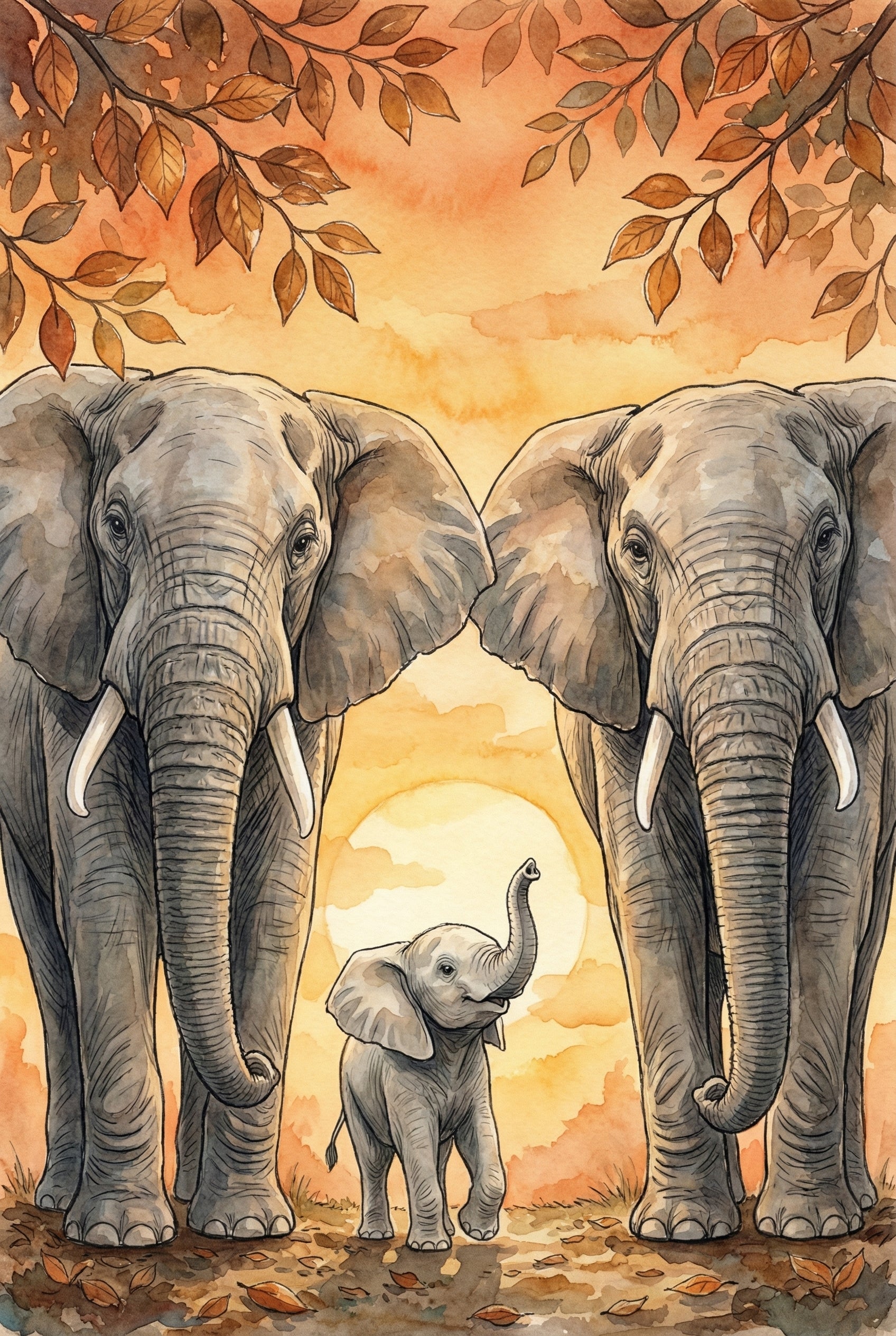 Watercolor painting of two adult elephants standing on either side of a baby elephant with its trunk raised. The background features a warm orange sunset sky and autumn leaves framing the scene.