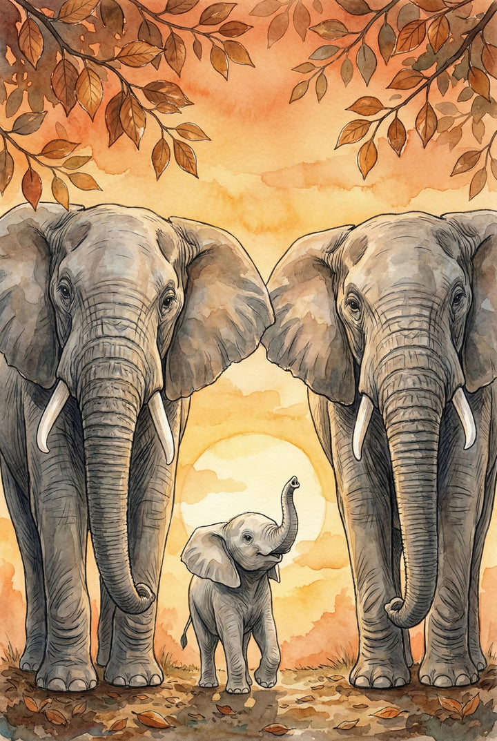 Watercolor painting of two adult elephants standing on either side of a baby elephant with its trunk raised. The background features a warm orange sunset sky and autumn leaves framing the scene.