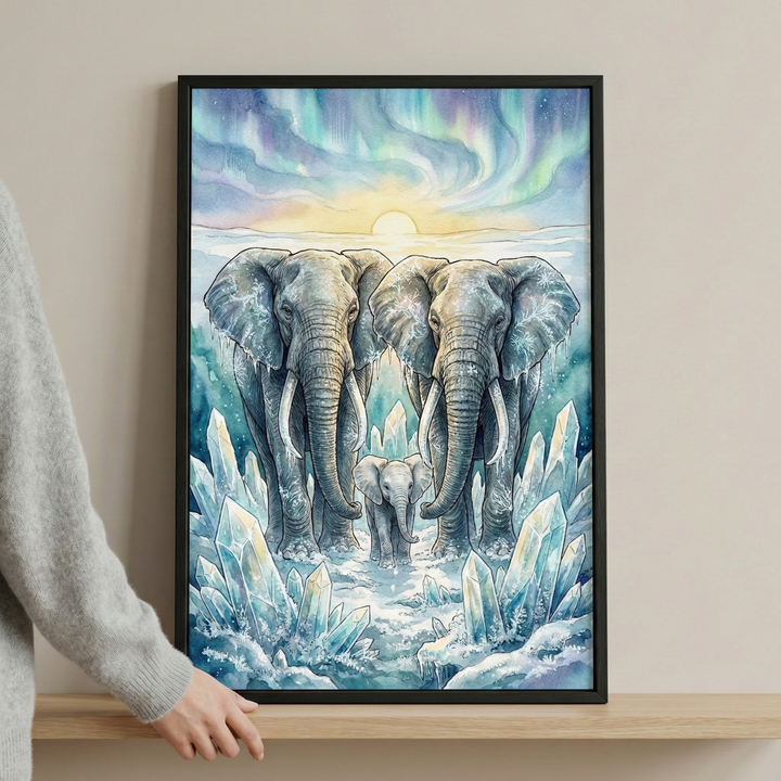 A vertical watercolor-style illustration depicts an elephant family, consisting of two large adults and a small calf centered between them. They stand in a landscape of snow and ice, surrounded by large, translucent blue and white crystals. Above them, a glowing yellow sun is set against a sky filled with vibrant, swirling patterns of teal, purple, and green light. The elephants’ grey skin features delicate frost and snowflake patterns.