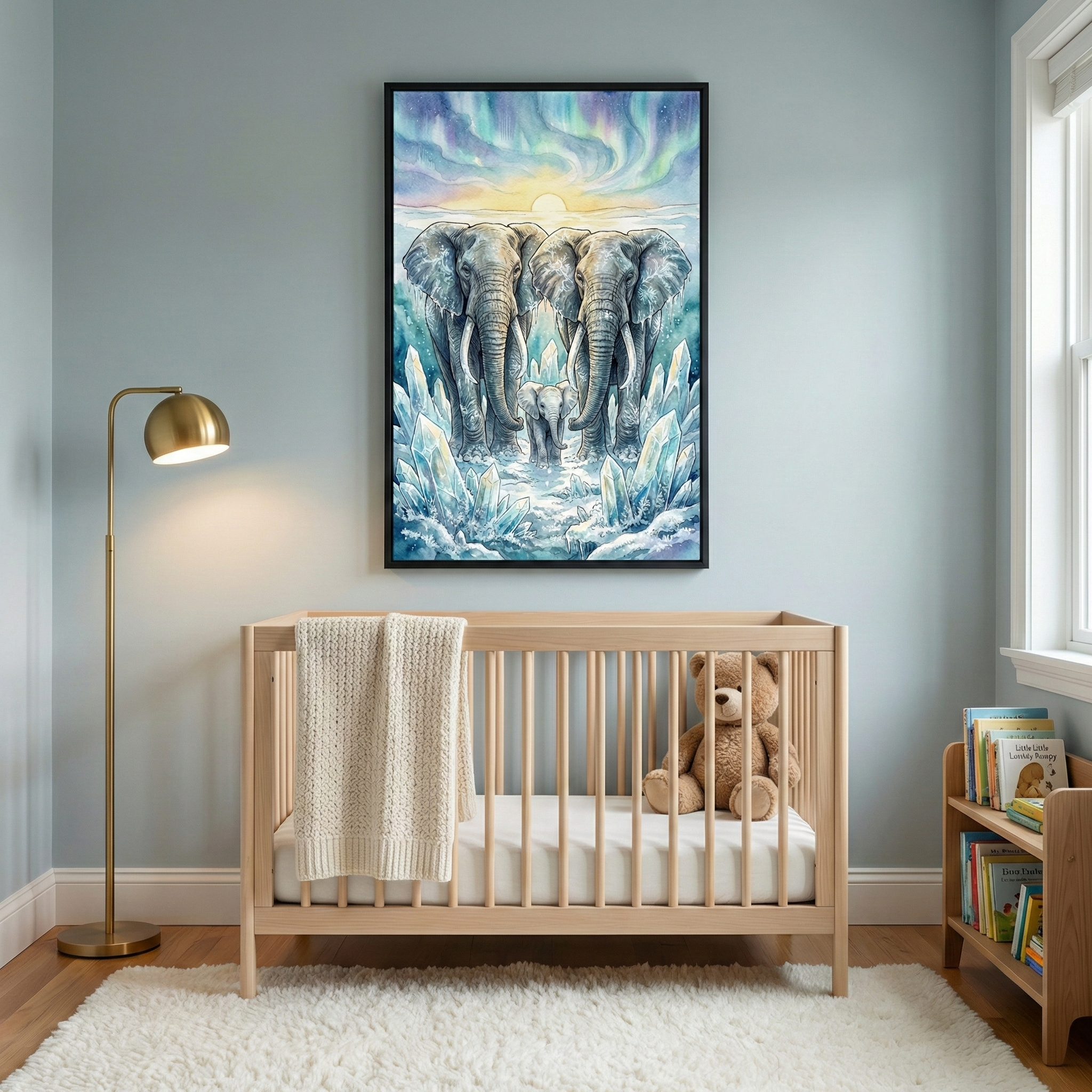 A serene nursery features a large, vertical framed artwork centered on a pale blue wall above a light wood crib. The artwork depicts two large elephants and a small calf standing among towering, icy crystals under a luminous sky filled with swirling colors and a setting sun. A white knit blanket is draped over the crib's railing, and a brown plush teddy bear sits inside. To the left of the crib stands a gold floor lamp with a curved arm and rounded shade. 