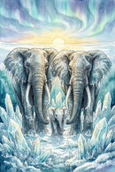Two adult elephants and a calf splash through icy blue water toward the viewer, framed by a vivid sunset and dusky sky. The baby is centered between the adults, playfully moving forward.

