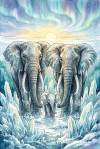 Two adult elephants and a calf splash through icy blue water toward the viewer, framed by a vivid sunset and dusky sky. The baby is centered between the adults, playfully moving forward.

