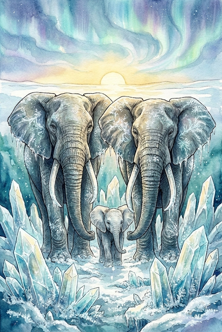 Two adult elephants and a calf splash through icy blue water toward the viewer, framed by a vivid sunset and dusky sky. The baby is centered between the adults, playfully moving forward.

