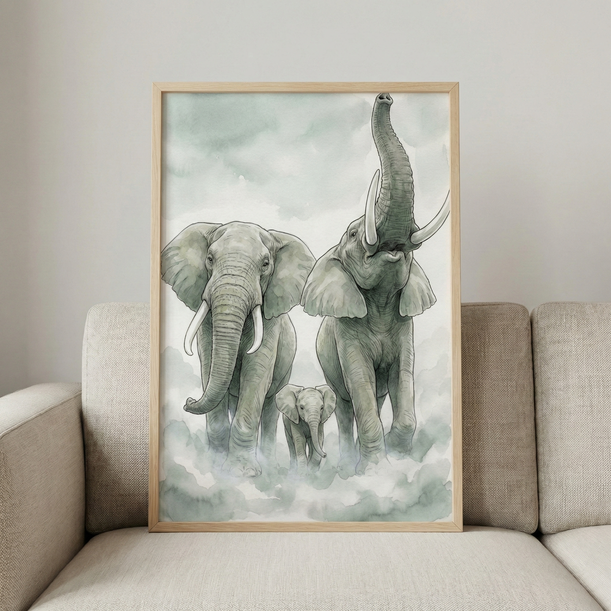 A framed watercolor illustration depicting a family of three elephants—two adults and one calf—resting against a neutral-toned fabric couch. The artwork shows the elephants in a soft, misty landscape of muted green and grey hues. On the right, one large elephant has its trunk raised high toward the sky, while the other adult and the small calf stand beside it. The piece is encased in a light-colored wooden frame.
