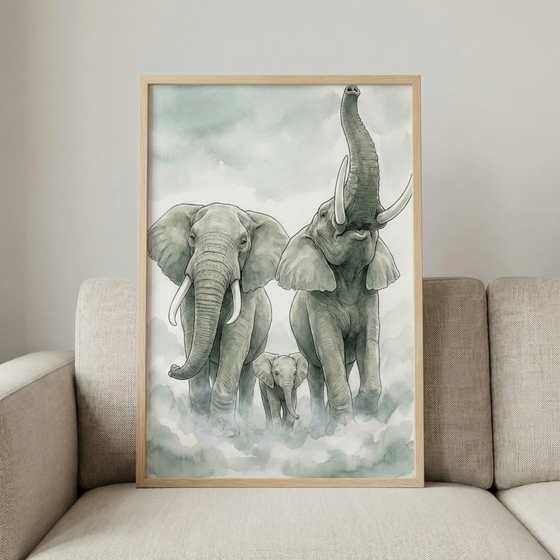 Elephant Family Watercolor Illustration Wall Art - Gentle Grey Giants