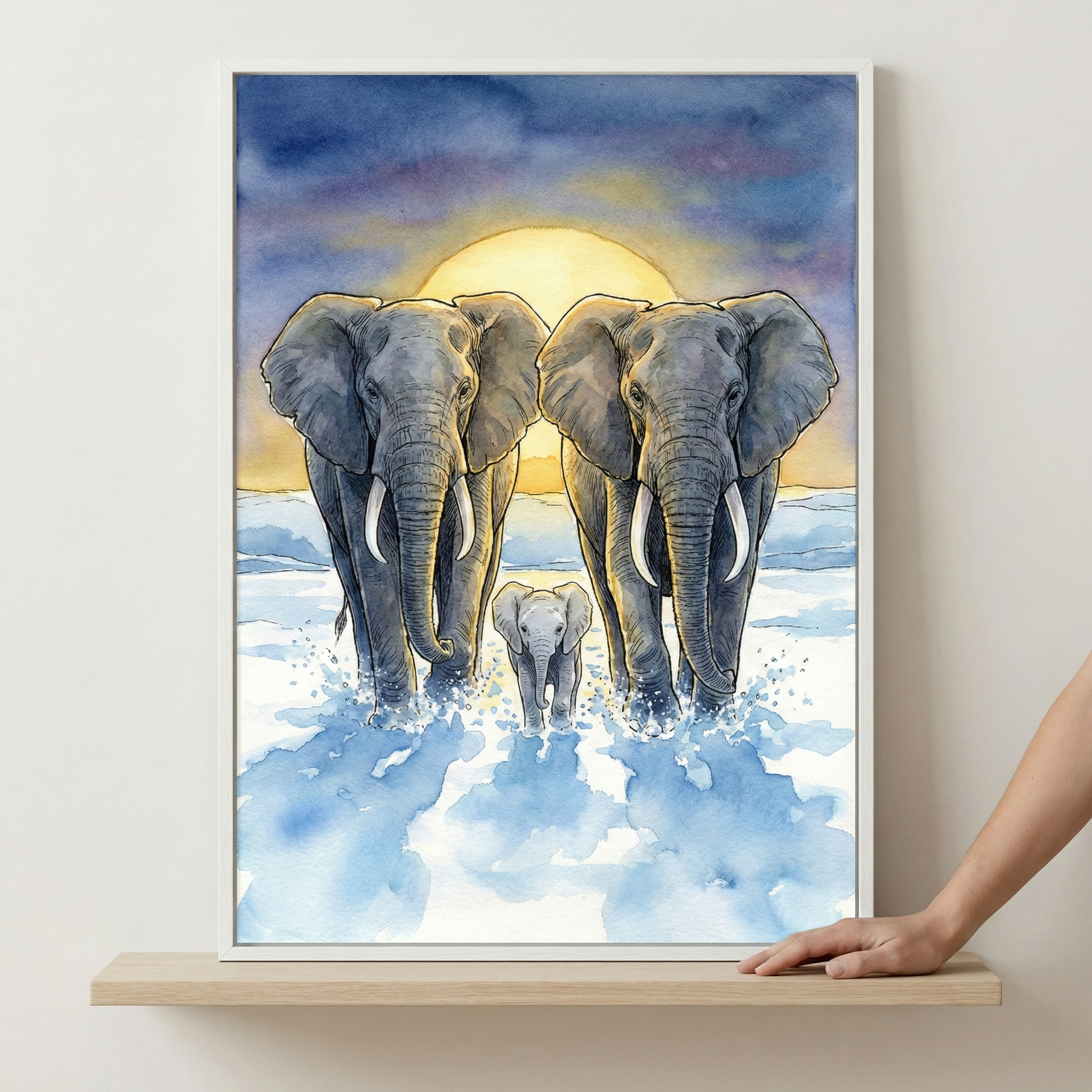 Watercolor illustration of two large elephants and a smaller elephant calf walking through splashing blue water. A large, glowing yellow celestial body sits low on the horizon behind them, illuminating a sky of dark blue and purple clouds. The artwork is presented in a white frame, which rests on a light wood shelf. A hand is partially visible, resting on the shelf next to the frame.