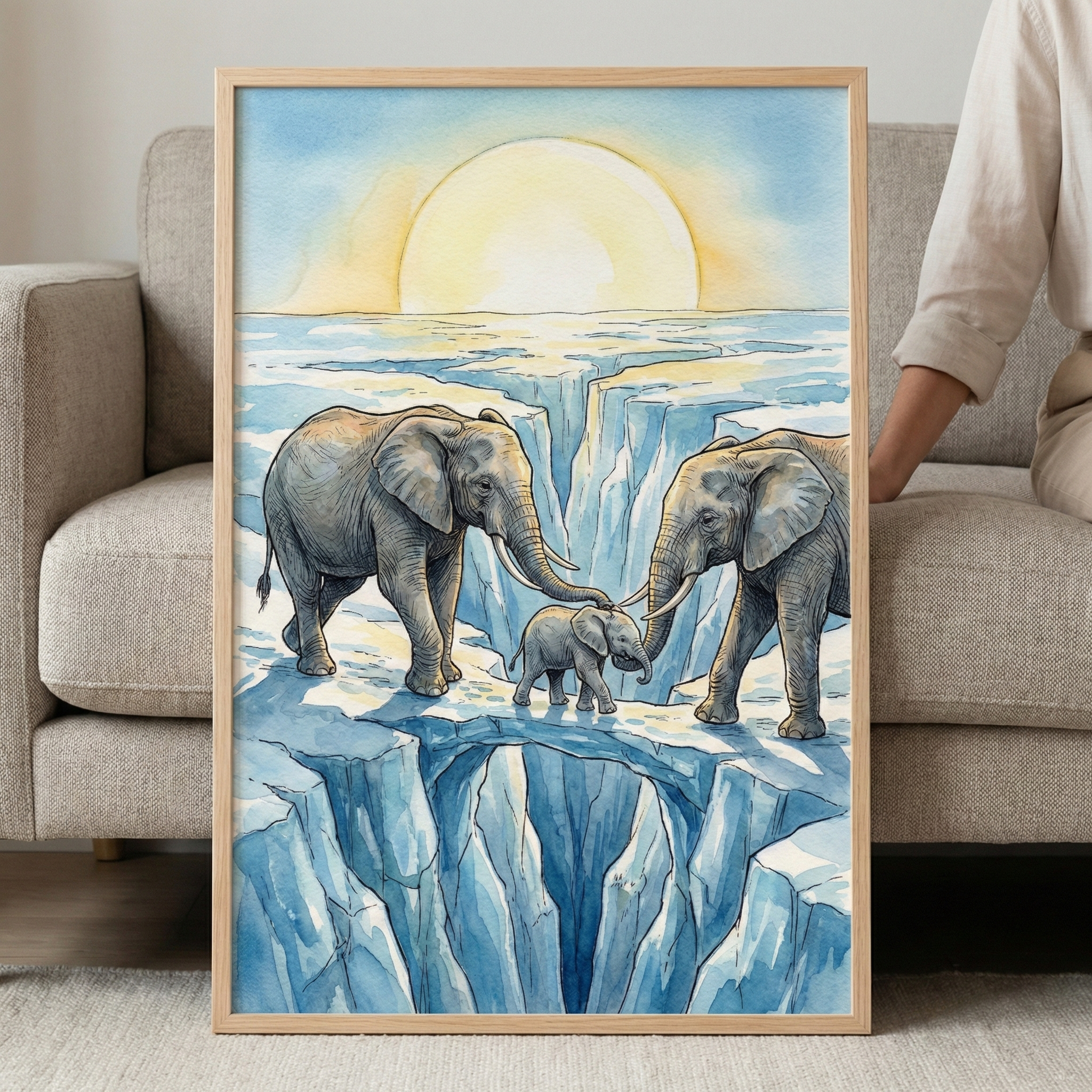 A vertical framed illustration in a watercolor style depicts an elephant family traversing a glacial landscape. Two large adult elephants flank a small calf as they walk across a bridge of ice over a deep blue crevasse. A massive, glowing sun or moon sits low on the horizon, casting a warm yellow light over the scene. The artwork is held in a light wood frame and is positioned on the floor in front of a neutral-toned sofa.