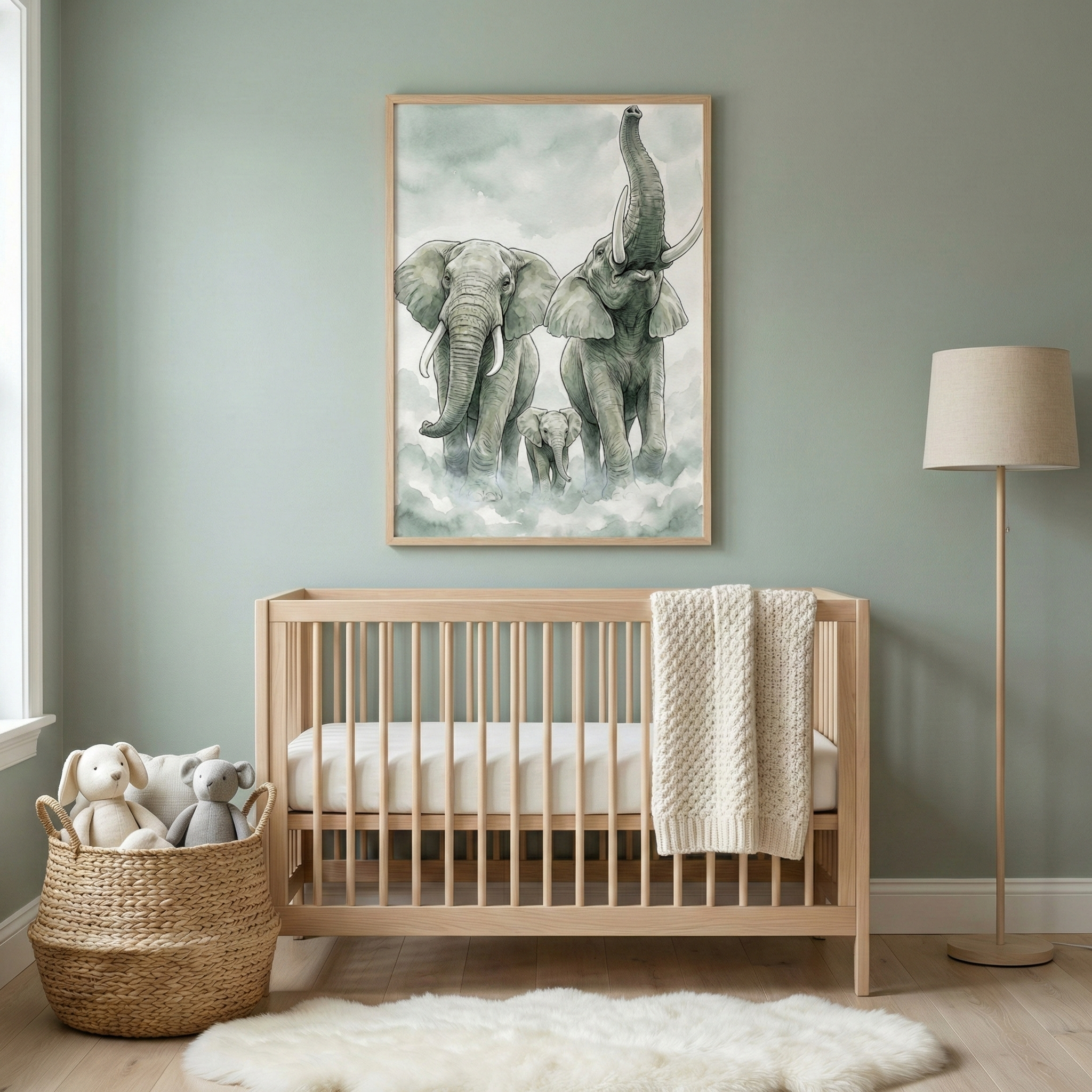 A serene nursery with sage green walls features a light wood crib centered under a large framed illustration. The artwork depicts three elephants in a watercolor style, surrounded by soft clouds. A cream-colored knitted blanket hangs over the side of the crib. To the left, a woven basket is filled with plush toys, and to the right, a floor lamp with a beige shade stands tall. A white, shaggy faux-fur rug lies on the light wooden floor in front of the crib.