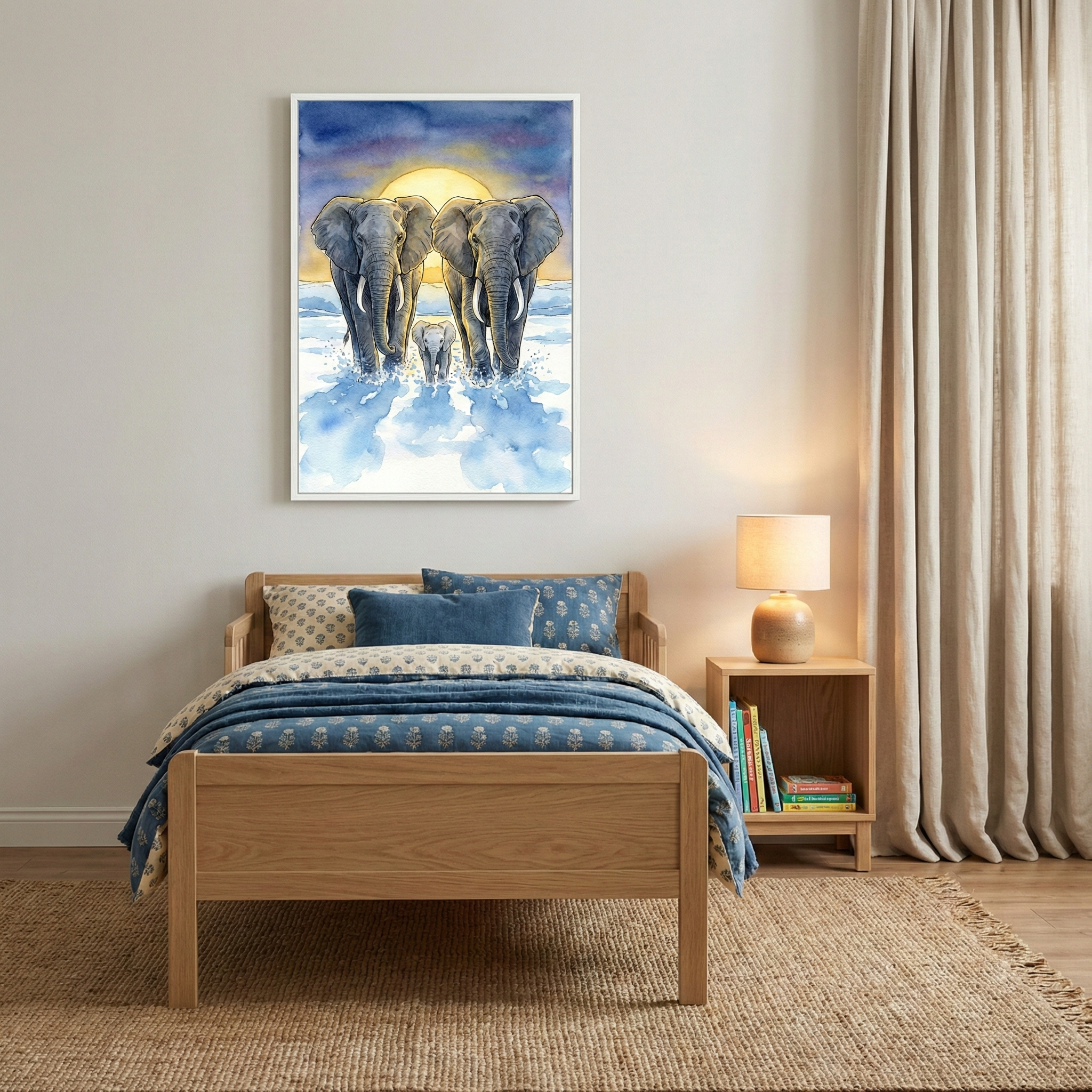 A child’s bedroom features a light wood bed frame dressed in blue patterned linens. Centered on the wall above the bed is a framed artwork of two large elephants and a calf walking through water under a bright sun. A wooden nightstand with a glowing lamp and a small stack of books sits next to the bed. Long, cream-colored curtains frame a window to the right, and a textured woven rug covers the floor.
