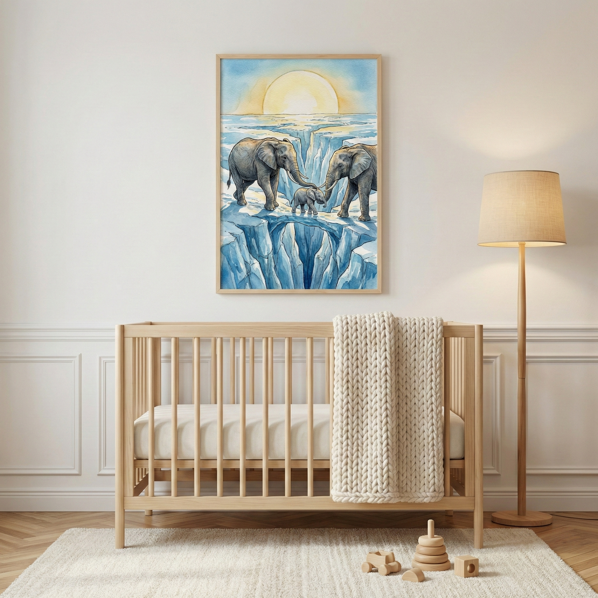A neutral-toned nursery featuring a natural wood crib centered against a white wall with classic molding. Hanging above the crib is a large, framed watercolor illustration of a family of three elephants traversing a cracked, blue glacier landscape under a bright, glowing sun. A heavy, cream-colored chunky knit blanket is draped over the side of the crib. To the right, a tall wooden floor lamp with a simple beige shade stands on a light-colored chevron wood floor.