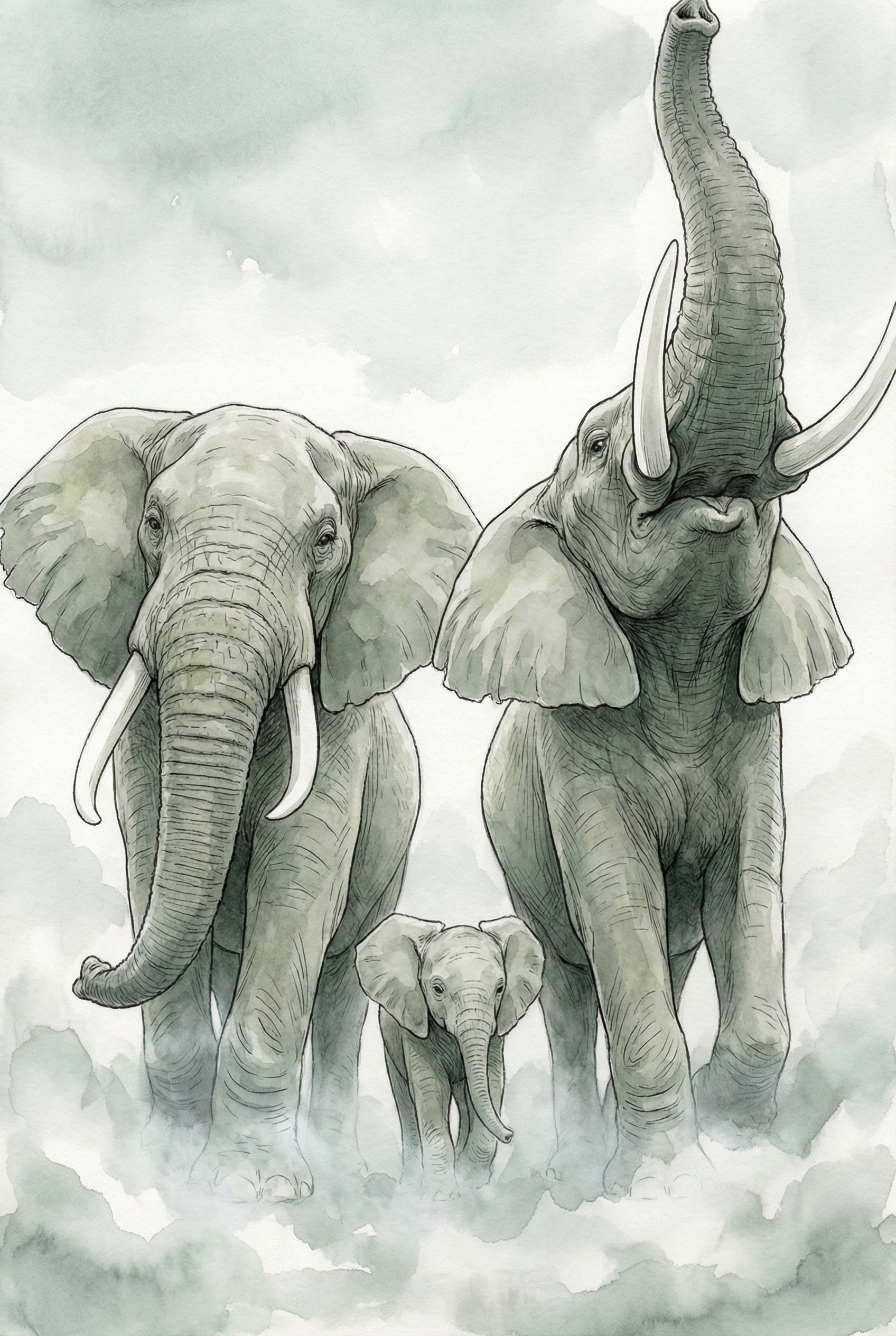  A close-up watercolor of a family of elephants in soft mist, with the right adult raising its trunk high into the air. The baby walks between the adults, surrounded by a cloud-like atmosphere.
