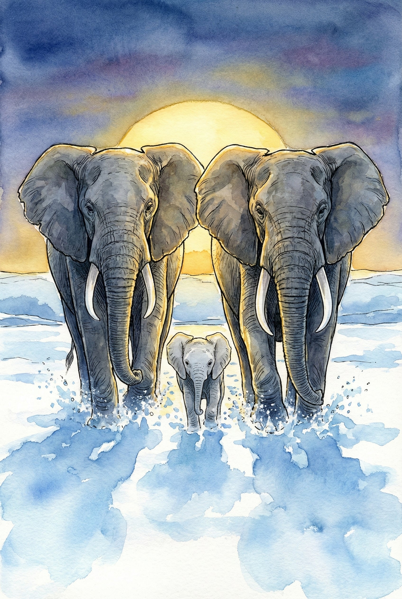 Two adult elephants and a calf splash through icy blue water toward the viewer, framed by a vivid sunset and dusky sky. The baby is centered between the adults, playfully moving forward.

