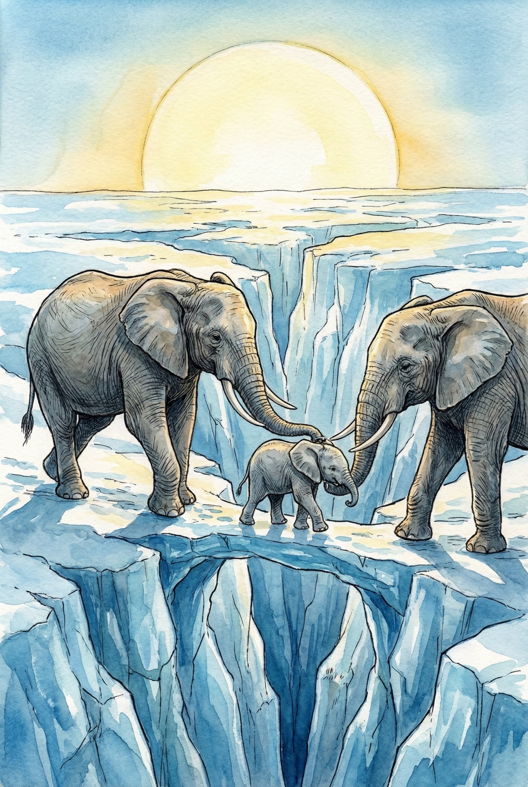 A watercolor painting of a baby elephant crossing a deep icy crevasse, guided gently by the trunks of two adult elephants. The frozen landscape is illuminated by a bright, low-hanging sun.
