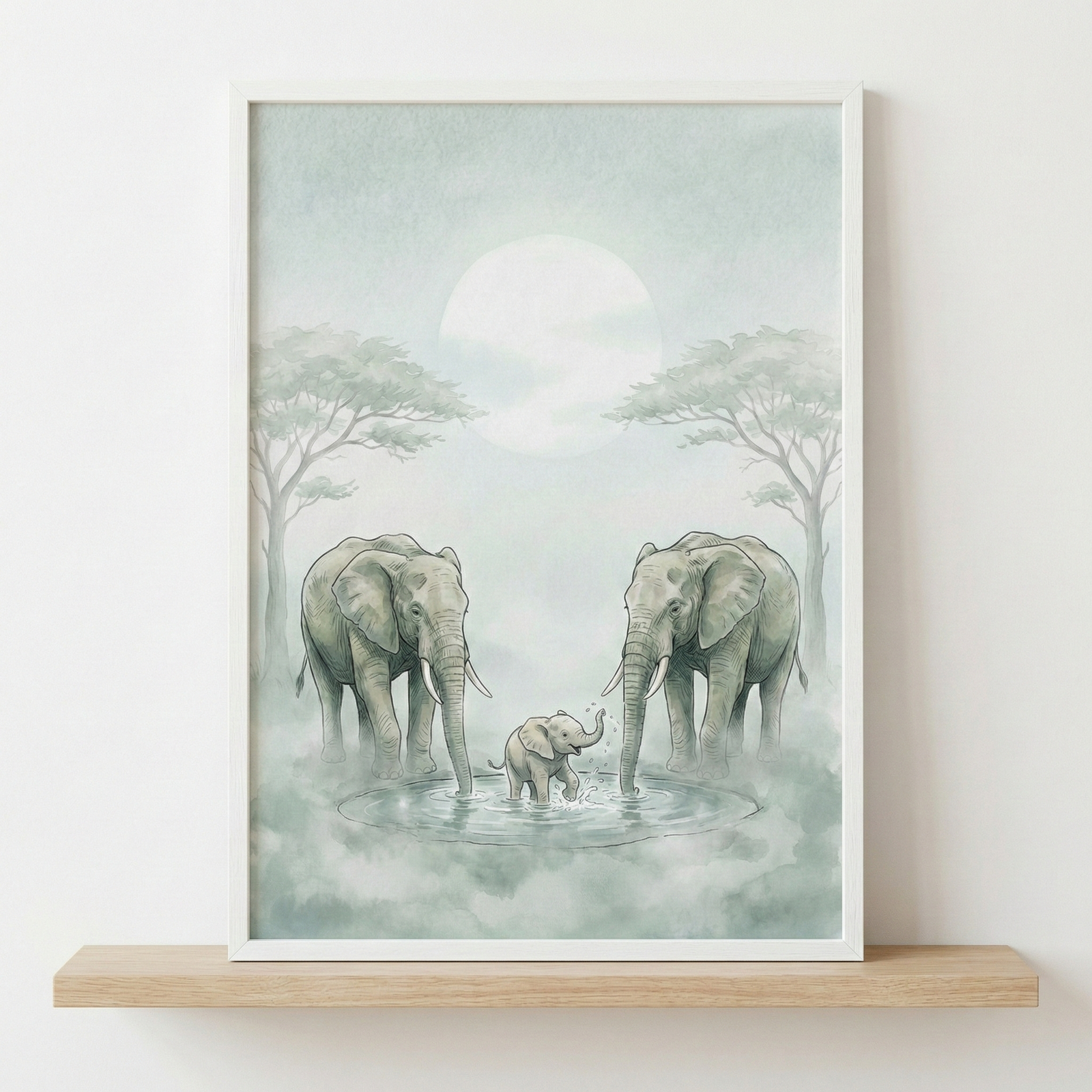 A framed watercolor-style illustration of an elephant family resting on a light wood shelf. The artwork features two large adult elephants standing by a small pool of water where a baby elephant calf is splashing. The background includes two trees and a large pale moon in a misty, muted green and grey landscape.