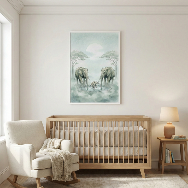 A serene, neutral-toned nursery features a light wood crib centered against an off-white wall. Above the crib hangs a large, framed watercolor-style illustration of two adult elephants and a small calf standing in a misty landscape with a soft, pale moon and trees. To the left is a cream-colored rocking chair with a thick knit throw draped over it. To the right, a small wooden side table holds a lamp with a rounded terracotta base and a stack of books. 
