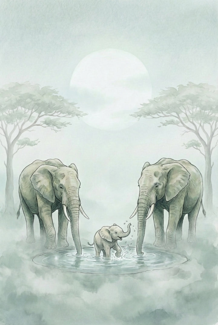 A serene scene of a baby elephant splashing in a small waterhole between two adults. The setting is misty and pale, with soft acacia trees and a hazy sun in the background.

