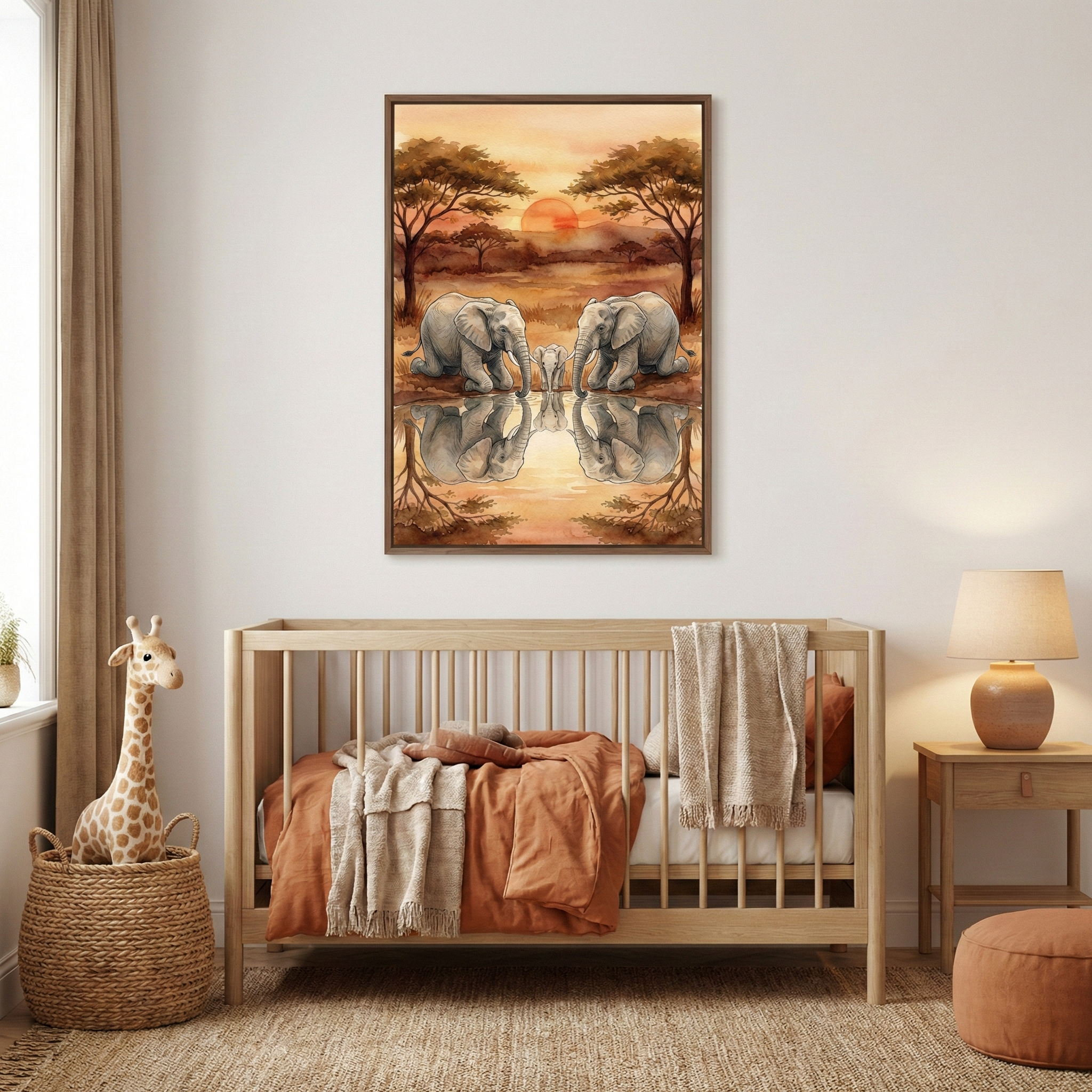 A warm-toned nursery features a light wood crib with terracotta and cream-colored bedding and a fringed throw blanket. Centered on the wall above the crib is a framed savanna-themed artwork showing three elephants—two larger and one smaller—at a watering hole with a sunset and trees in the background, all reflected in the water. To the left of the crib, a tall, stuffed giraffe toy sits in a woven basket. To the right, a small wooden side table holds a round lamp with a neutral shade.