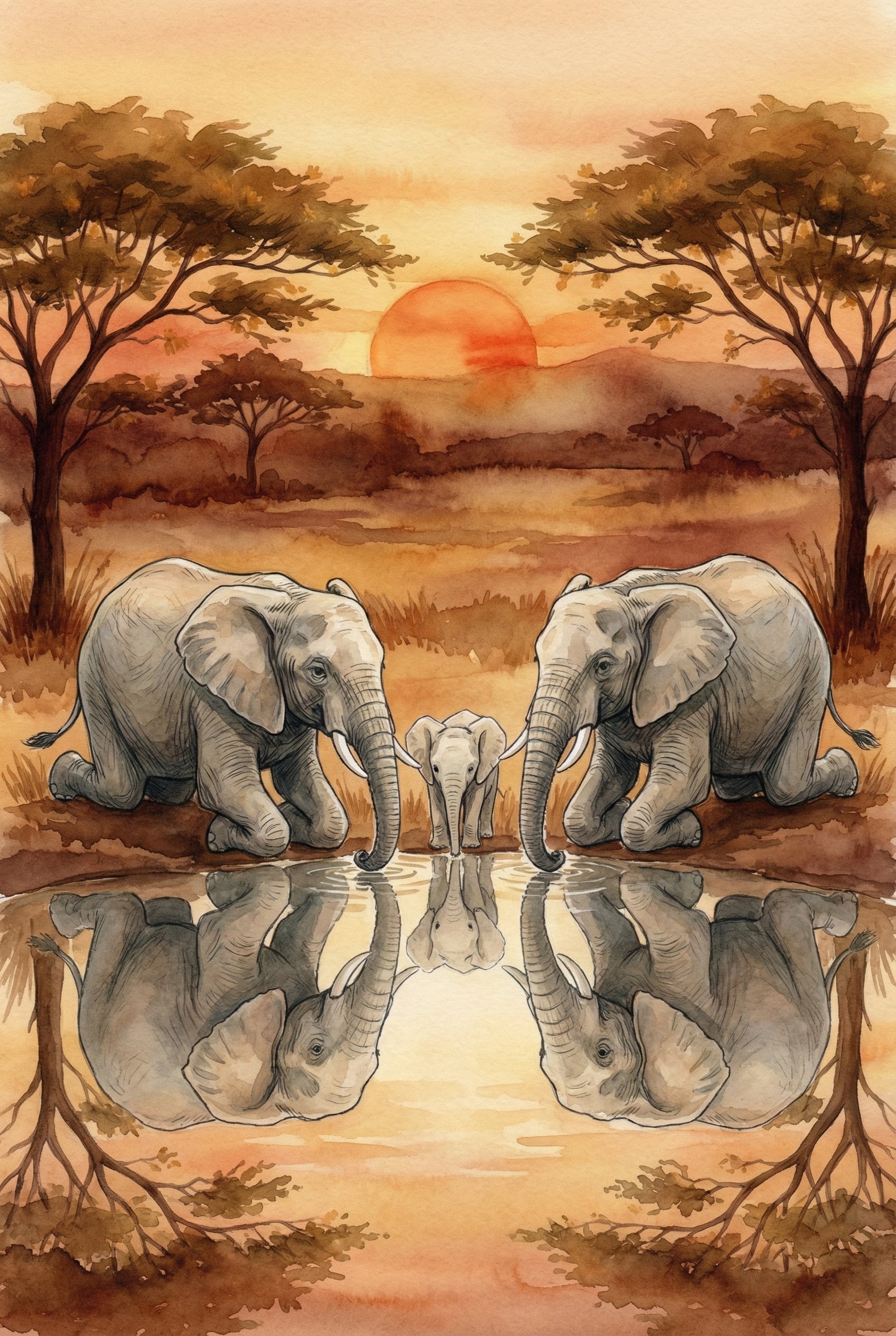 Warm-toned painting of two adult elephants kneeling beside a calm waterhole with a baby between them. Their reflections are clearly mirrored on the surface, with a glowing sunset in the background.
