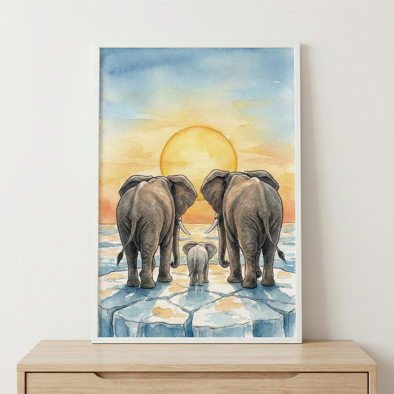 A watercolor illustration of three elephants—two adults and a small calf—seen from behind as they stand on a piece of cracked ice. They look out towards a large, vibrant yellow sun on the horizon, set against a soft sunset sky of orange, yellow, and blue. The artwork is presented in a white frame, resting on a light wood surface.