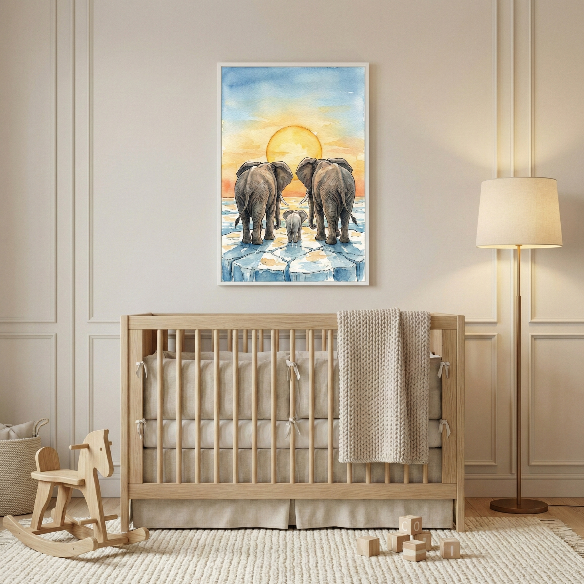 A serene and minimalist nursery room features a light-colored wooden crib centered against a paneled wall. Above the crib hangs a framed watercolor-style illustration of an elephant family—two large elephants and one small baby—walking across ice floes toward a large, glowing sun on the horizon. To the left of the crib stands a wooden rocking horse, and to the right is a tall floor lamp with a simple cream-colored shade.