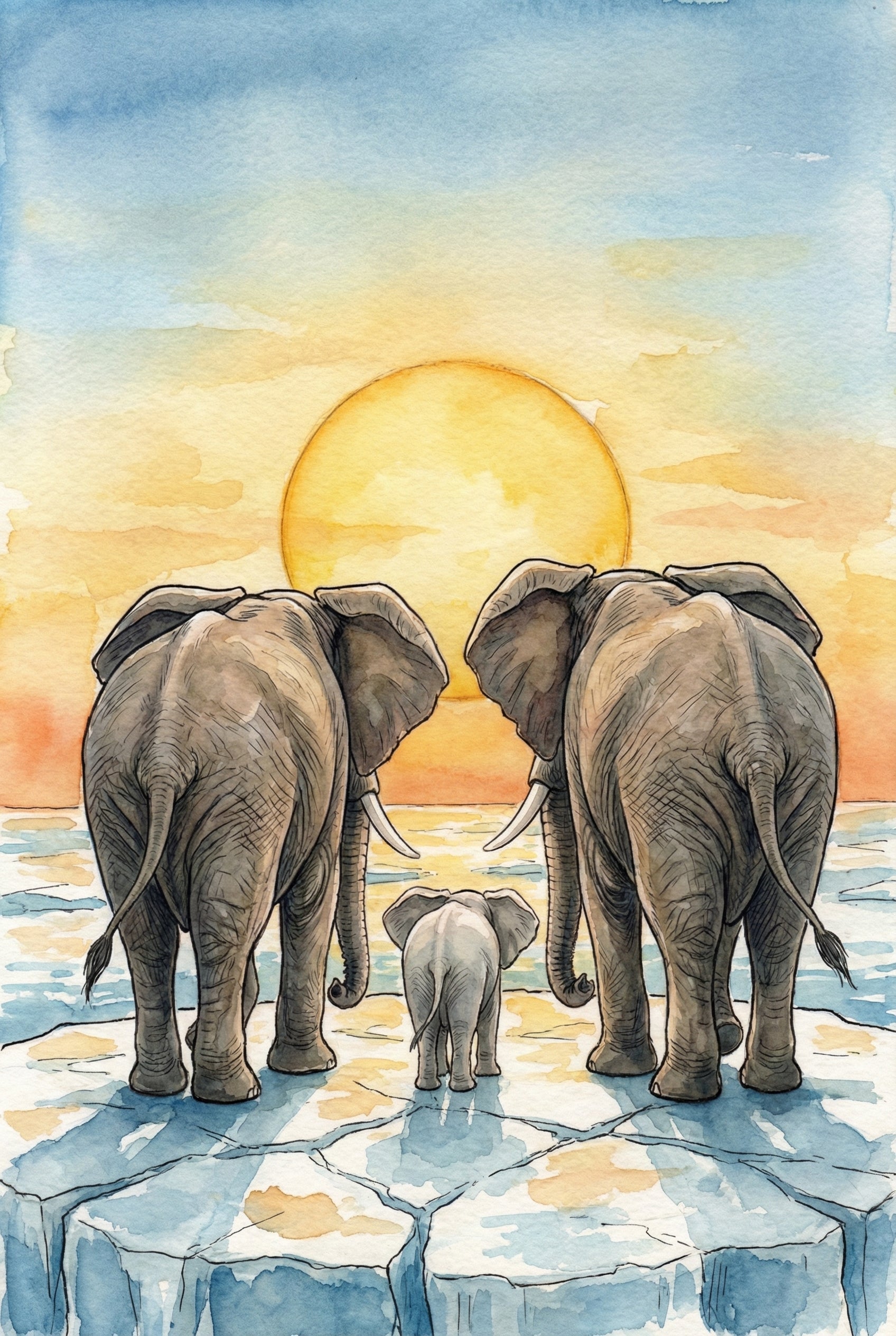 Rear view of two adult elephants and a calf walking across icy terrain, heading toward a warm sunrise. The sky transitions from deep blue to soft gold.
