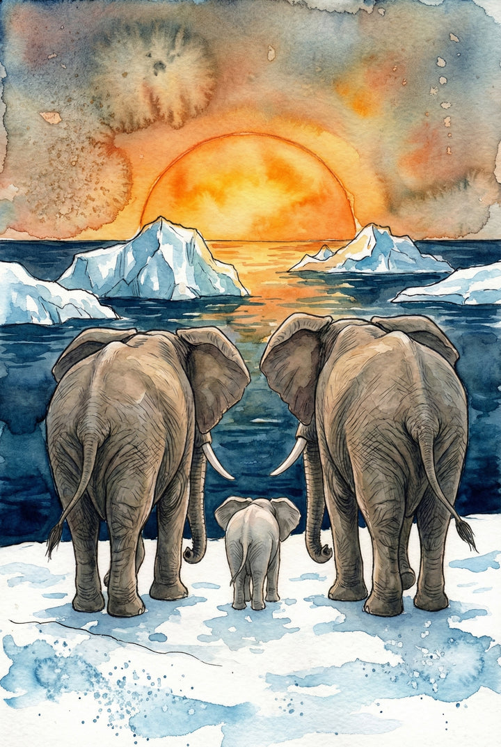  Back view of two adult elephants and a baby standing on snowy ground, facing a glowing sunset over an ocean filled with icebergs. The sky is painted with colorful clouds and reflections.
