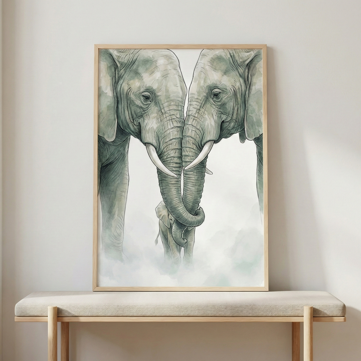 A vertically oriented, light-wood framed artwork featuring a soft-toned illustration of two large adult elephants facing each other with their trunks delicately intertwined. Tucked between them at the bottom is a small baby elephant. The illustration uses muted sage green and gray hues with thin line work against a white background that transitions into a misty, cloud-like base. The frame rests on a beige cushioned wooden bench positioned against a neutral, light-colored wall.
