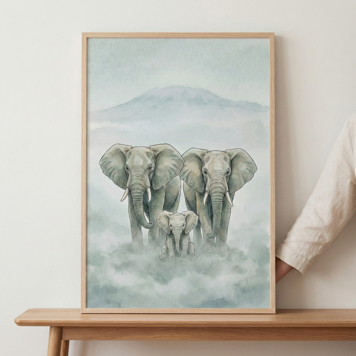A framed illustration of three elephants—two adults and a calf—set against a misty, mountainous landscape. The art uses soft, muted colors and is displayed in a light wood frame resting on a wooden table. A hand is visible holding the side of the frame.