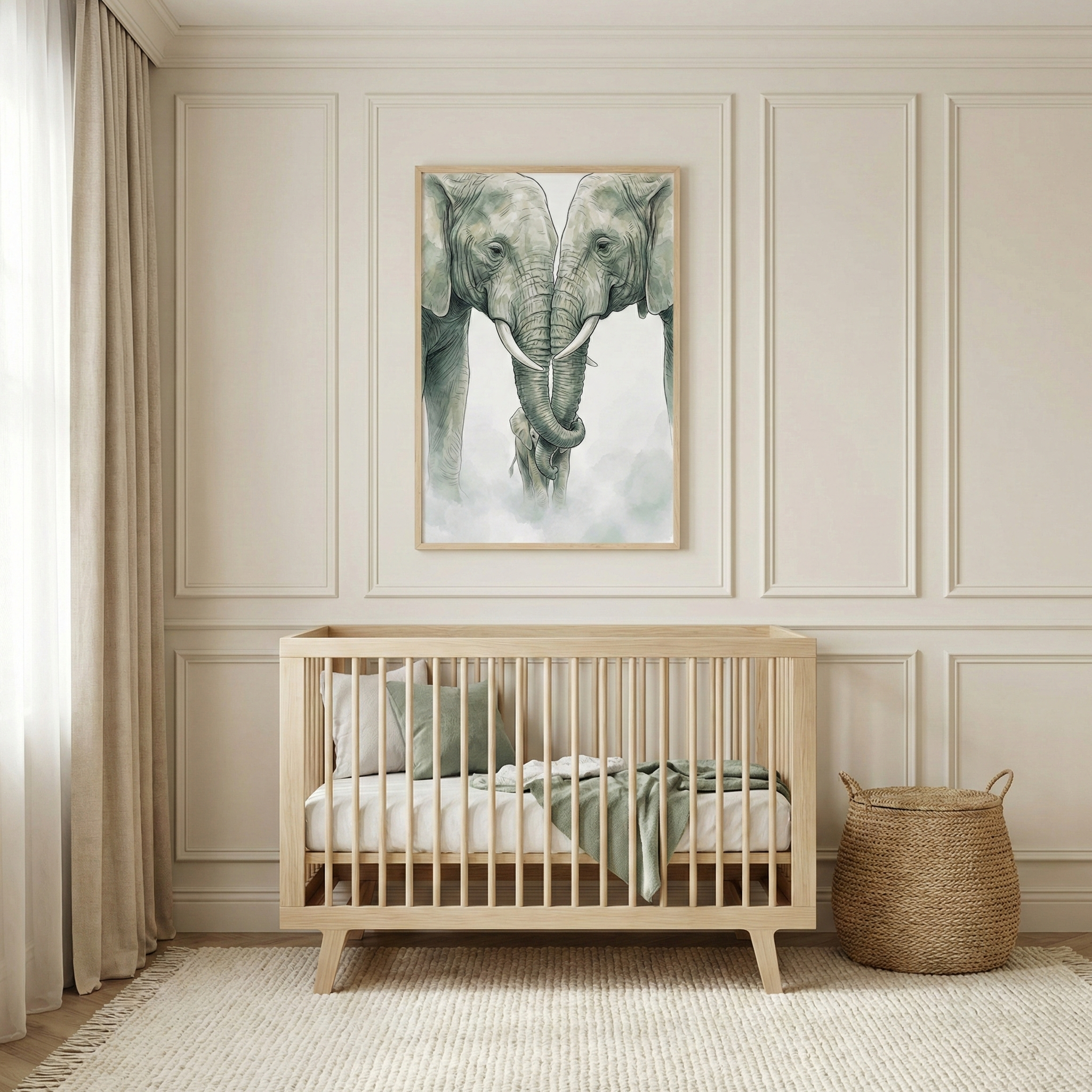 A serene nursery scene featuring a light wood crib with sage green and white bedding. Above the crib hangs a large framed watercolor-style illustration of two adult elephants with their trunks intertwined over a baby elephant. To the right of the crib is a round woven storage basket. The room is decorated in soft neutral tones with elegant wall molding, long beige curtains, and a textured cream rug.