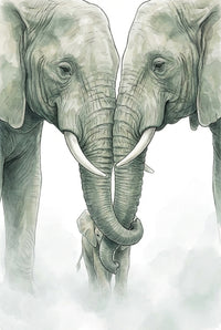  Close-up of two adult elephants gently touching trunks while a baby elephant stands between them. Soft clouds surround their legs, evoking tenderness and connection.
