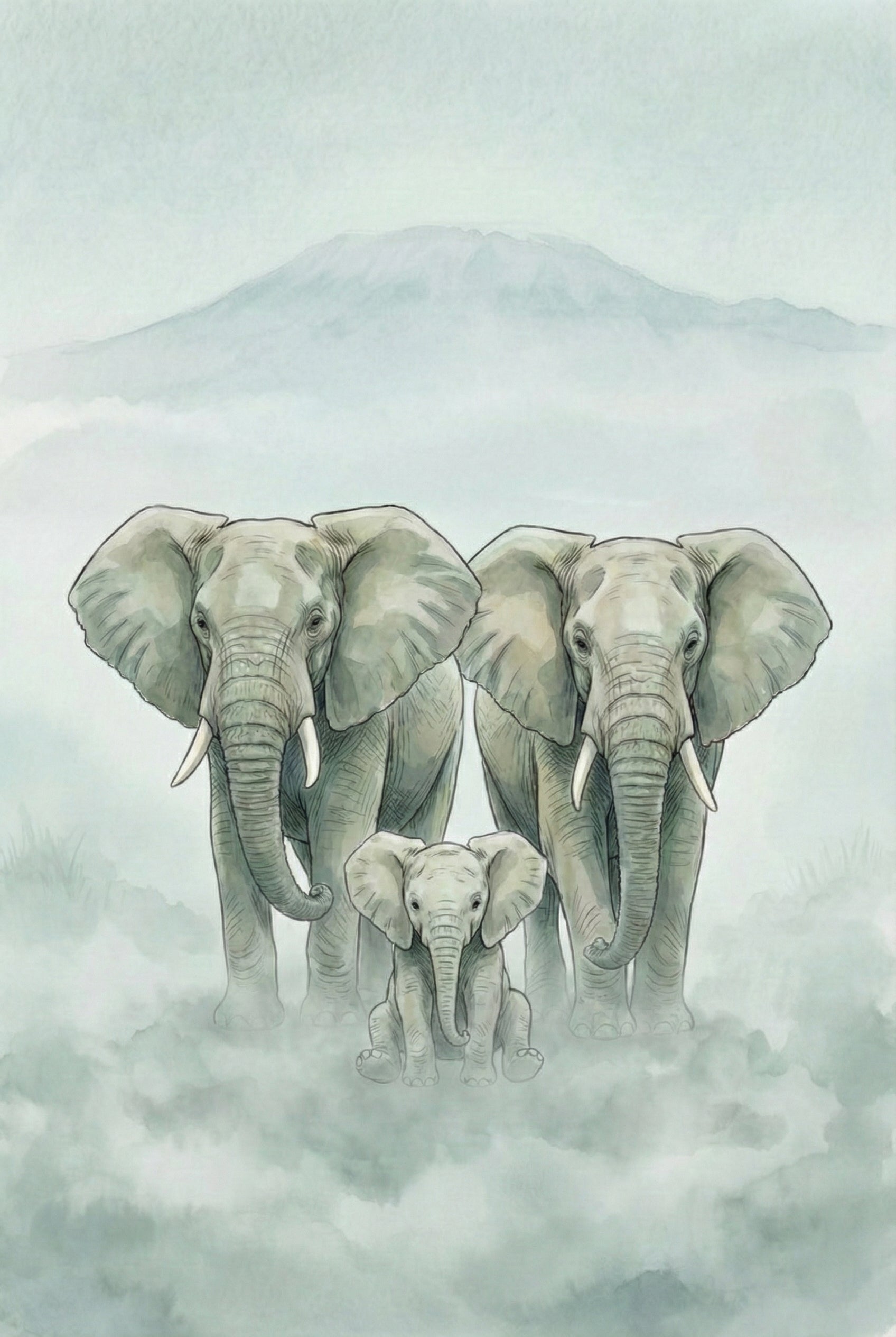 A soft-toned painting of an elephant family walking forward through snowy mist, with a faint mountain in the background. The pale green-gray color palette evokes a cold, tranquil atmosphere.
