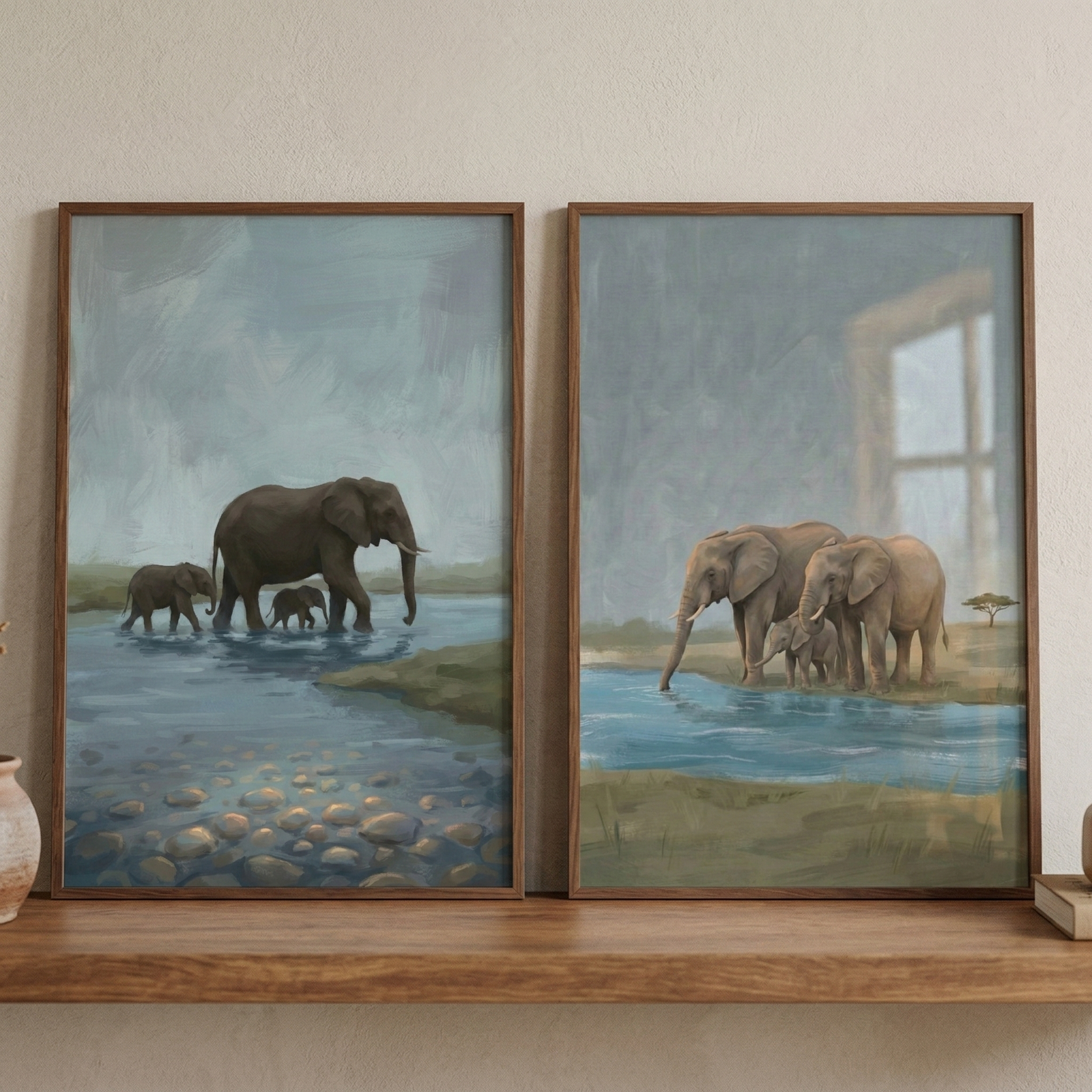 Two framed wildlife paintings show elephants in peaceful watering hole scenes displayed on a wooden shelf. One artwork shows a mother elephant walking through shallow water with two calves beside her while smooth river stones are visible under the water. The second shows a small group of elephants gathered at the edge of a blue watering hole with a baby elephant standing safely between the adults.