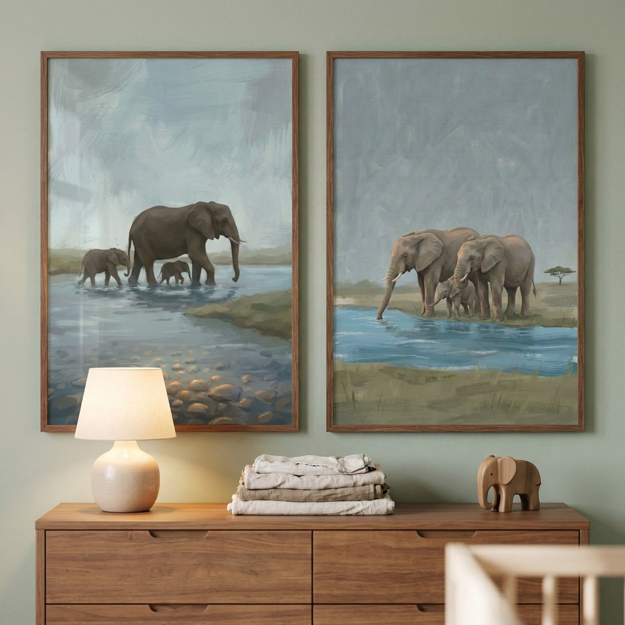 Elephant Herd Wall Art Set of 2 - Elephant River Journey