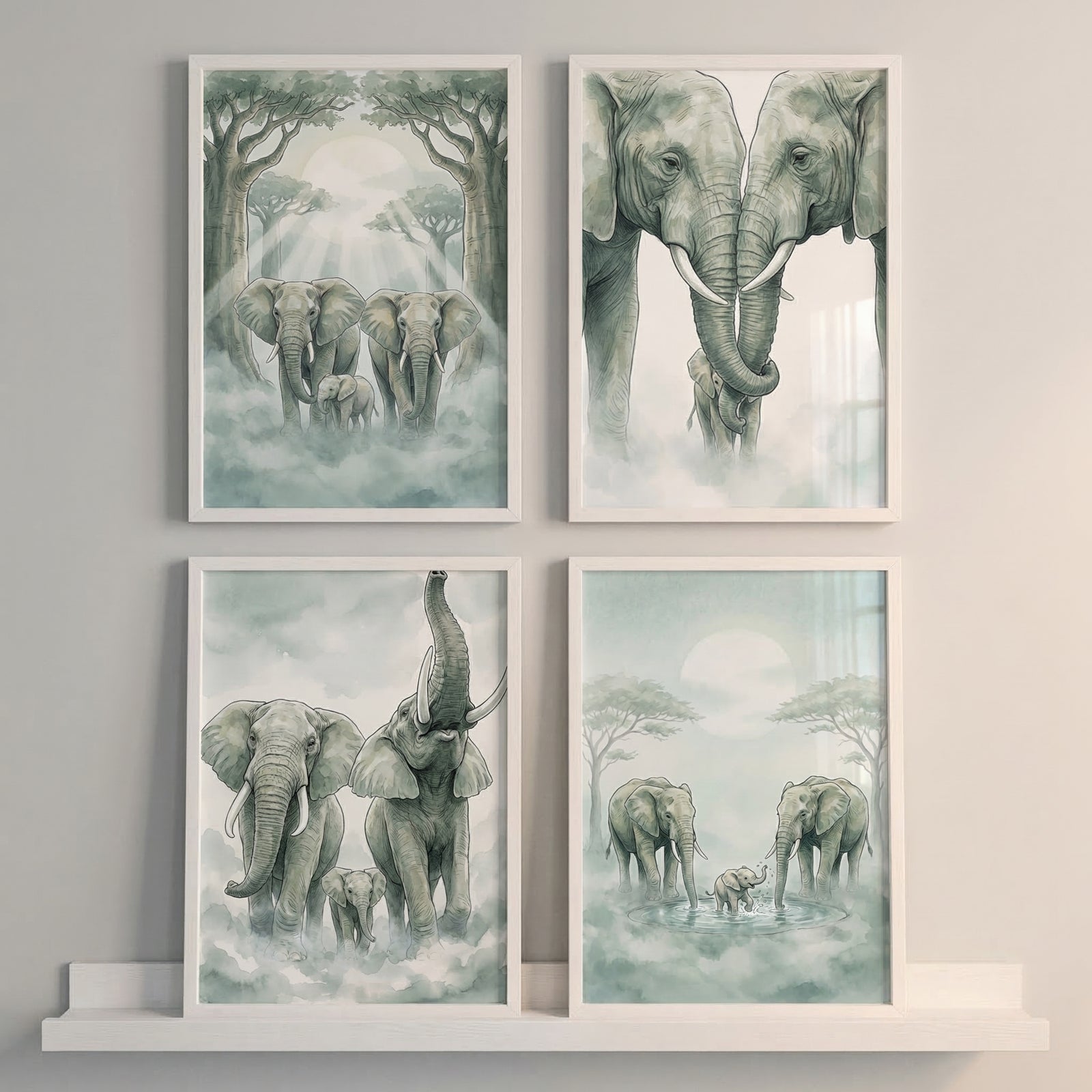 Four white framed elephant prints arranged in a grid on a white shelf against a pale gray wall. The scenes show elephant families walking through mist beneath tall trees, two adults sheltering a calf between their trunks, two adults with a calf moving through clouds, and a small elephant standing in shallow water between two larger elephants.