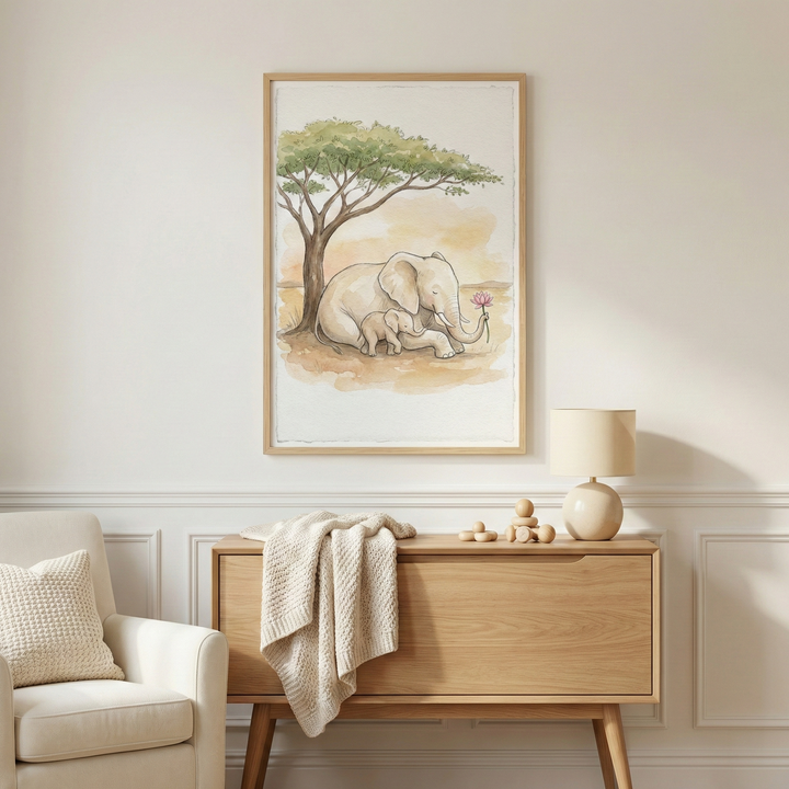 A cozy, neutral-toned room features a framed piece of artwork on the wall above a wooden dresser. The artwork is a watercolor-style illustration of a large adult elephant and a small baby elephant sitting together under a leafy tree on a savanna. The adult elephant gently holds a single pink flower in its trunk. On the dresser, there is a small lamp, wooden blocks, and a textured blanket. A soft cream-colored armchair is positioned to the left.