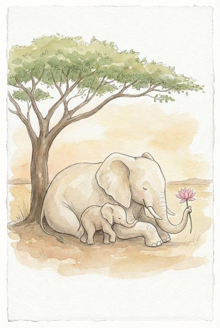 A soft watercolor illustration depicts an adult elephant and a small calf resting beneath a leafy tree. The larger elephant is kneeling peacefully, holding a single pink lotus flower in its trunk. Beside it, the small calf stands close to its mother. The scene is set in a warm-toned, simplified landscape with soft beige and brown hues. The artwork features gentle, whimsical linework and delicate washes of color, creating a tender and serene atmosphere.