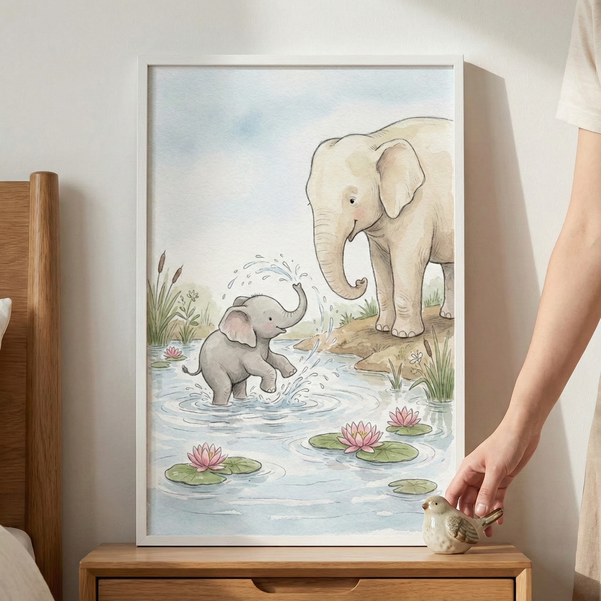 A framed watercolor-style illustration shows a large cream-colored elephant watching over a grey baby elephant playing in a pond. The calf joyfully splashes water with its trunk while pink lilies float on the water's surface. Reeds and soft grassy banks border the scene under a pale blue sky. The framed artwork sits on a wooden nightstand next to a bed. A person’s hand is visible, placing a small ceramic bird figurine on the surface in front of the frame.