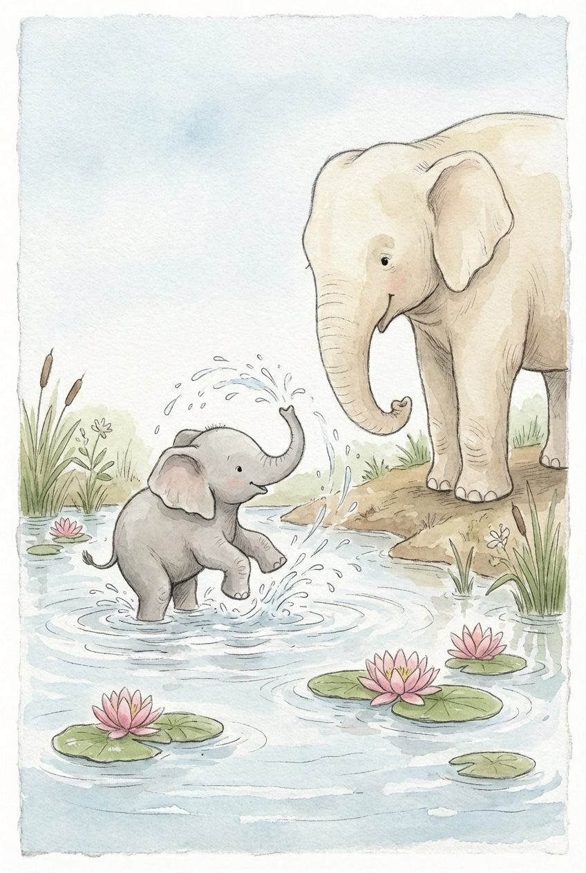 This watercolor illustration features a large, light-tan elephant standing on a riverbank, looking down affectionately at a playful baby elephant. The small grey elephant is standing in shallow water, joyfully spraying water from its trunk. Pink water lilies and green lily pads float on the calm water. Tall reeds and soft grass line the shore under a pale blue sky. The scene is rendered in a soft, gentle storybook style.