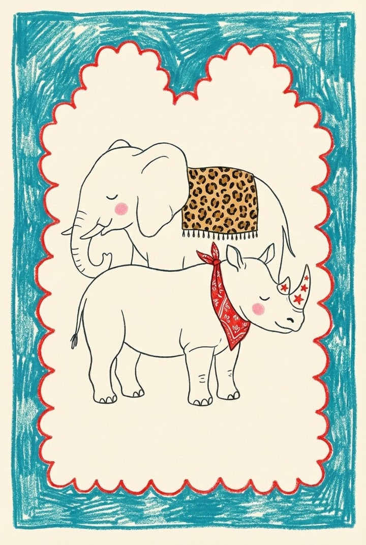 Whimsical drawing of a baby elephant and baby rhinoceros, both smiling with closed eyes. The elephant wears a leopard-print blanket while the rhino sports a red bandana and has red star stickers on its horn, all framed by a hand-drawn red and blue crayon border.