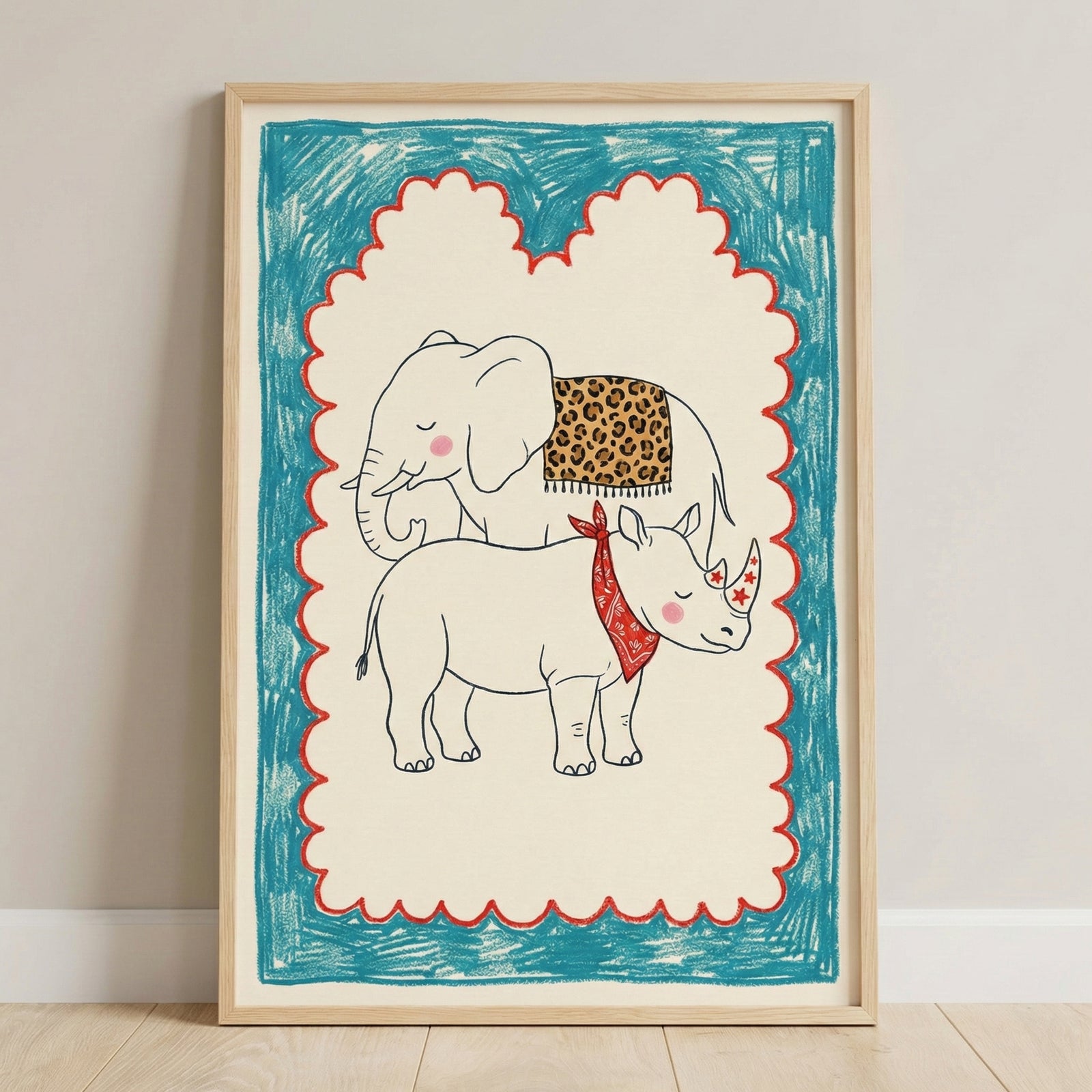 Framed illustration of a smiling baby elephant and baby rhino, with the elephant wearing a leopard-print blanket and the rhino in a red bandana and star stickers on its horn. The playful drawing is bordered by a scalloped red and blue crayon-style frame.