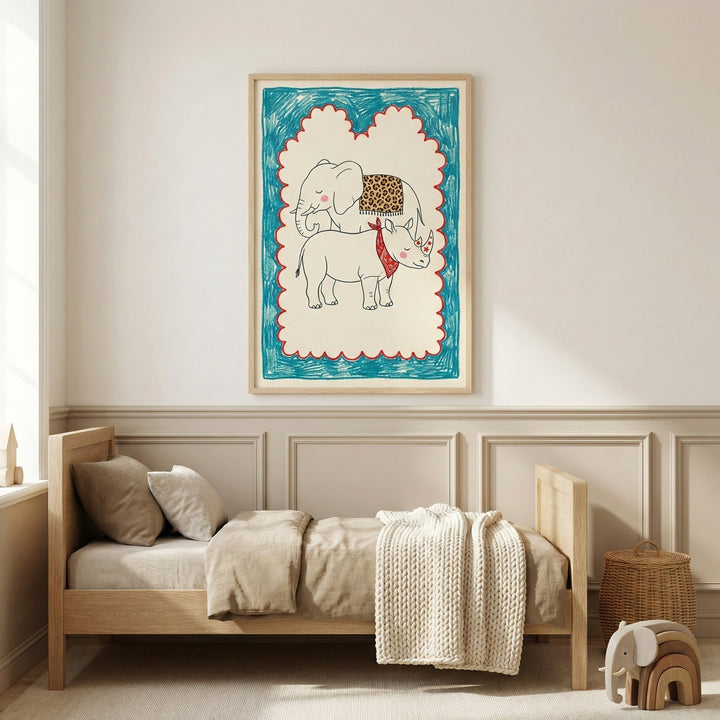 Cozy nursery room with neutral tones and a framed baby animal print on the wall, featuring a baby elephant and baby rhino in playful accessories. The wooden toddler bed, soft beige bedding, and plush textures create a warm, inviting space.