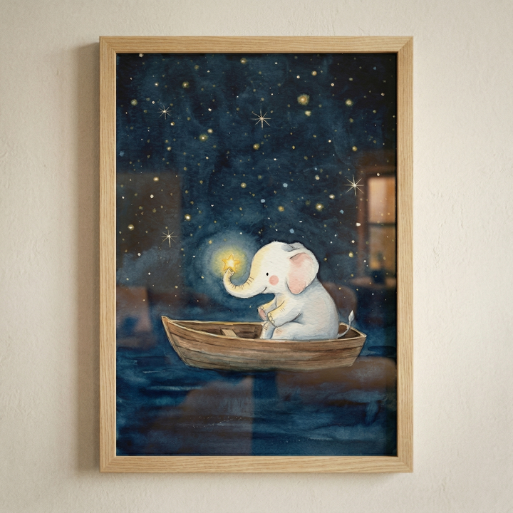 A framed illustration depicts a small, gentle white elephant with pink ears sitting in a simple wooden rowboat. The boat floats on dark, calm water under a deep indigo night sky filled with numerous twinkling stars. The elephant uses its trunk to carefully hold one brightly glowing yellow star. The artwork has a whimsical and soft watercolor style and is housed in a light-toned wooden frame, hanging on a neutral-toned wall.